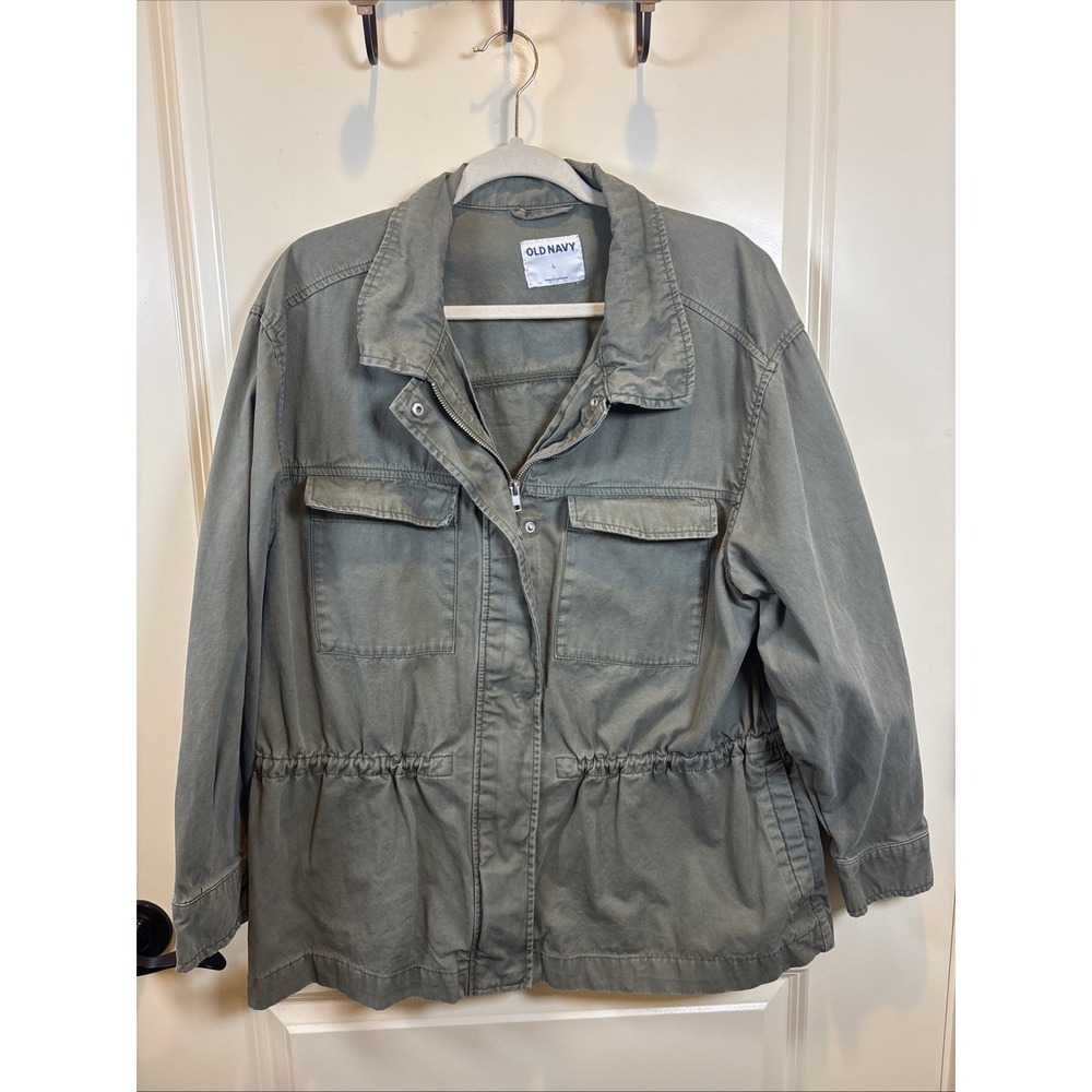 Old Navy Utility Jacket Women Size Large Olive Green Canvas Full Zip Field Coat